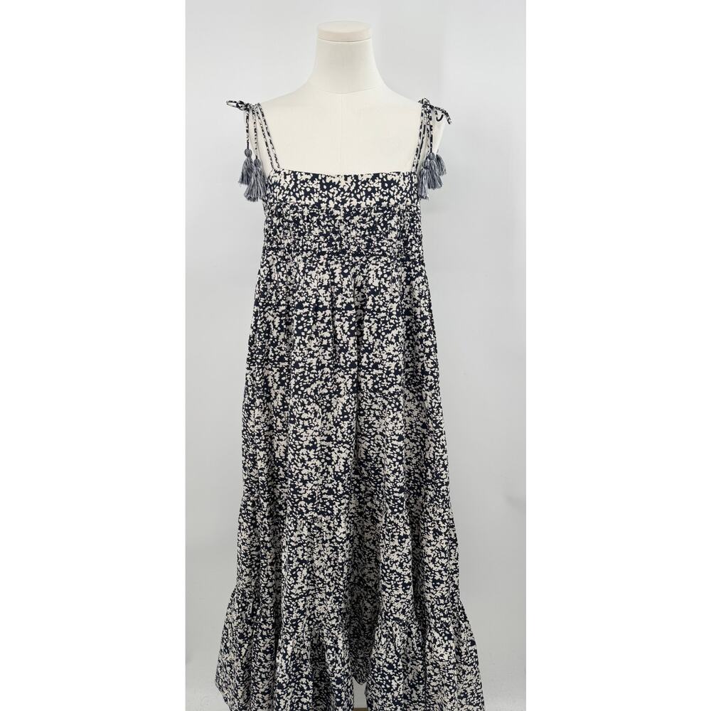 Mirth Handmade Navy Floral Midi Dress Tie Shoulder Tiered Boho Cottagecore S